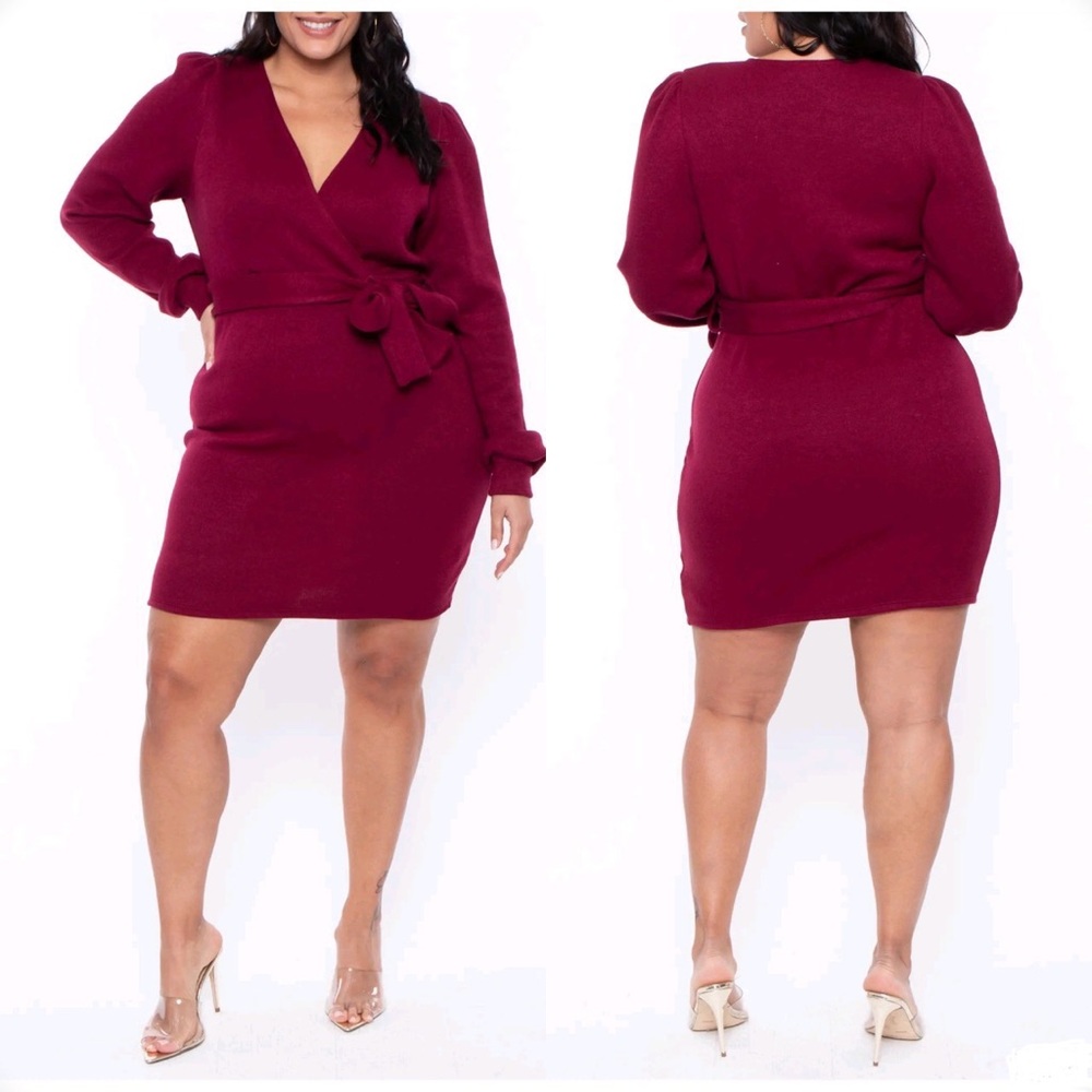 CURVY SENSE 4X Burgundy Wrap Dress Plus Size Long Sleeve Knit Mini Dress NWT